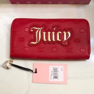 Juicy Couture Lipstick Red Faux Leather Liquid Gold Logo Large ZA Wallet NWT